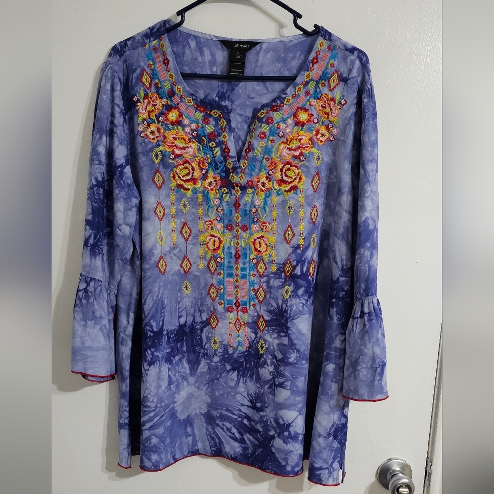 Ali‎ Miles Floral Embroidered Tunic Top Size XL Tie Dye Bell Sleeve Boho Hippie